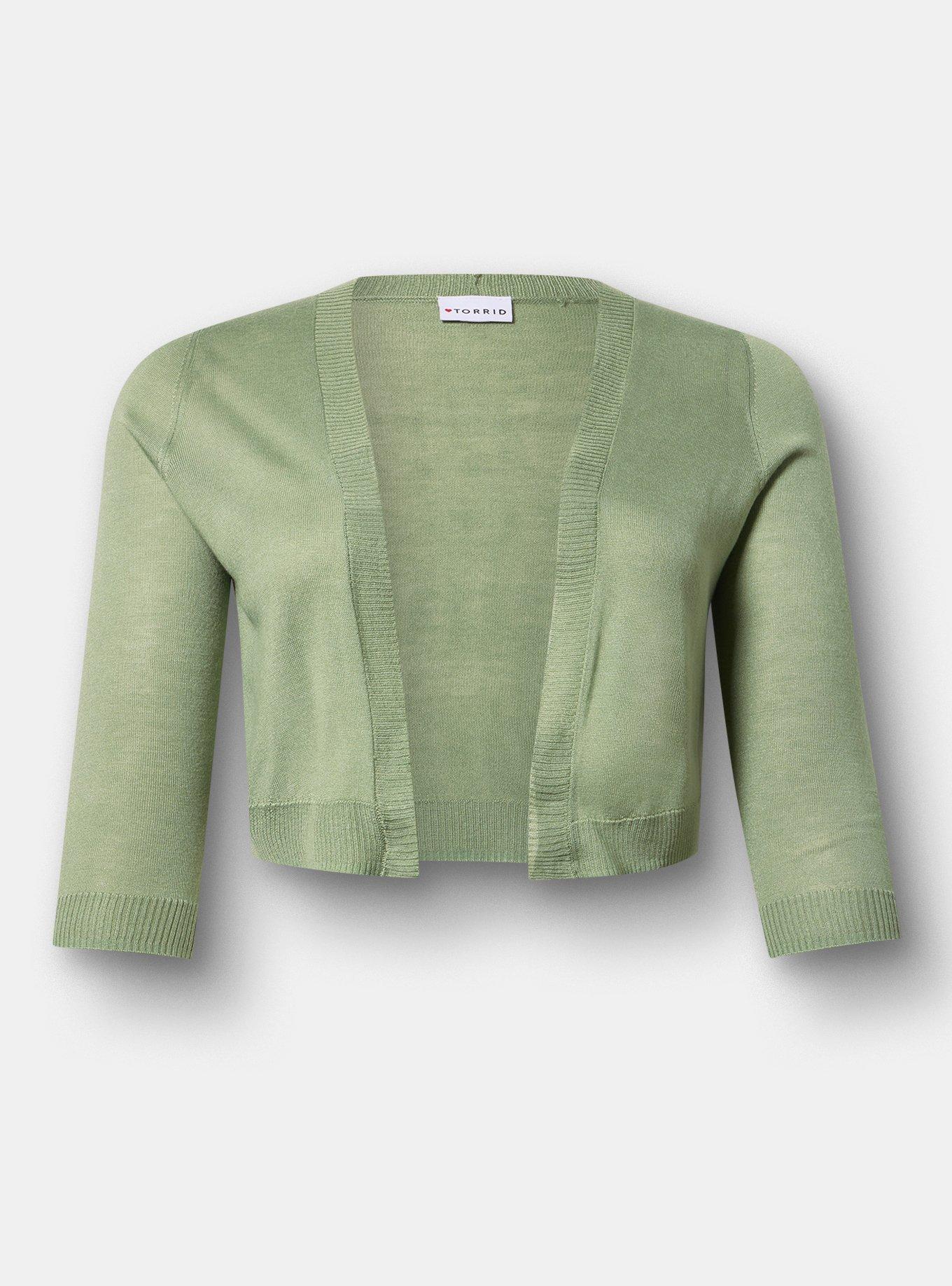 Plus Size 3/4 Sleeve Cropped Shrug, HEDGE GREEN, flat