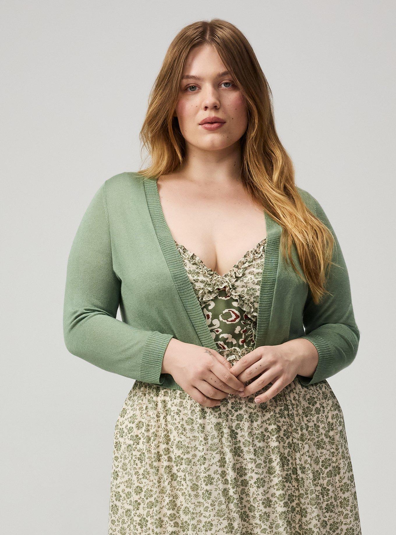 Plus Size 3/4 Sleeve Cropped Shrug, HEDGE GREEN, hi-res