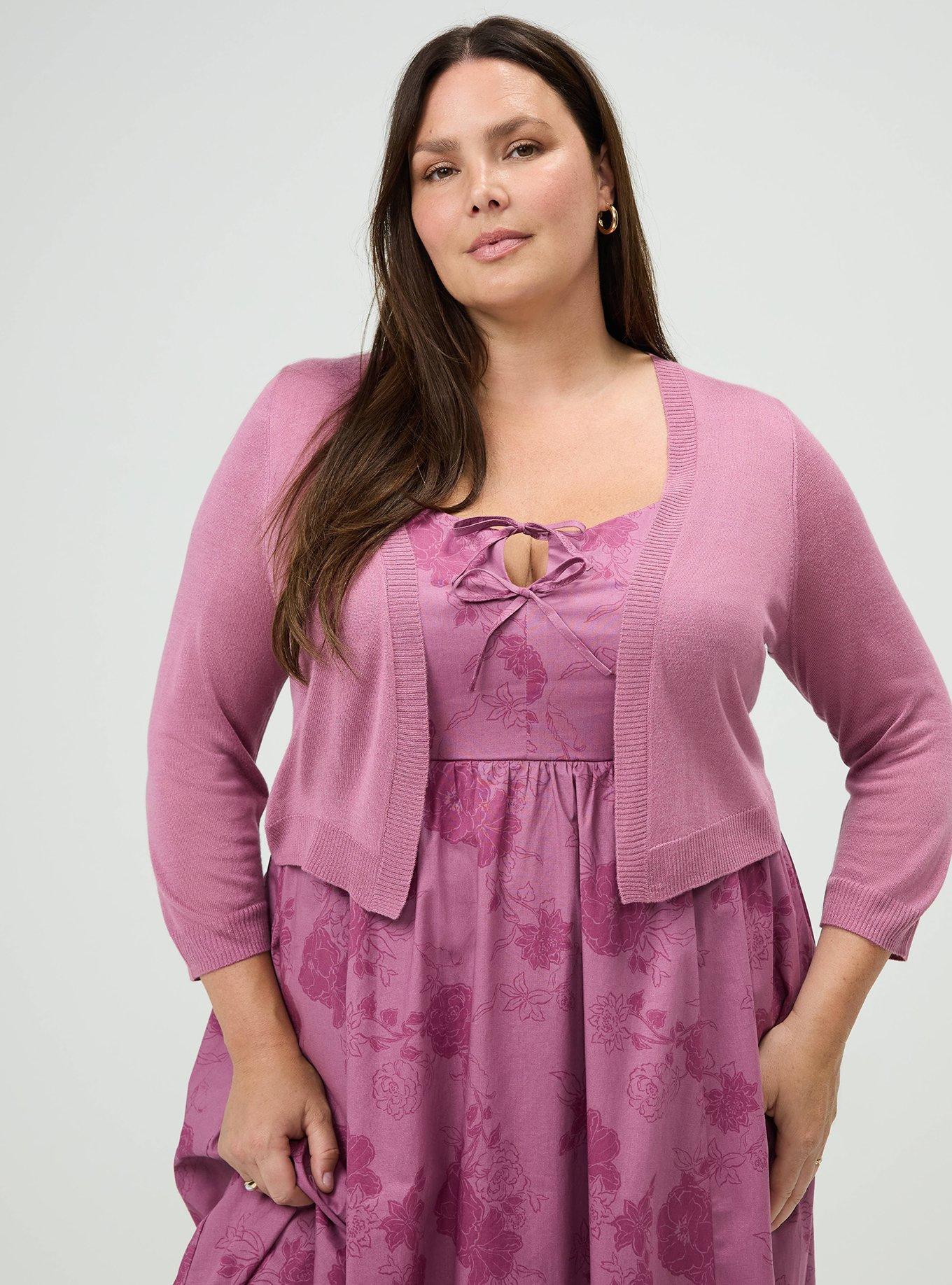 Plus Size 3/4 Sleeve Cropped Shrug, MELLOW MAUVE, alternate