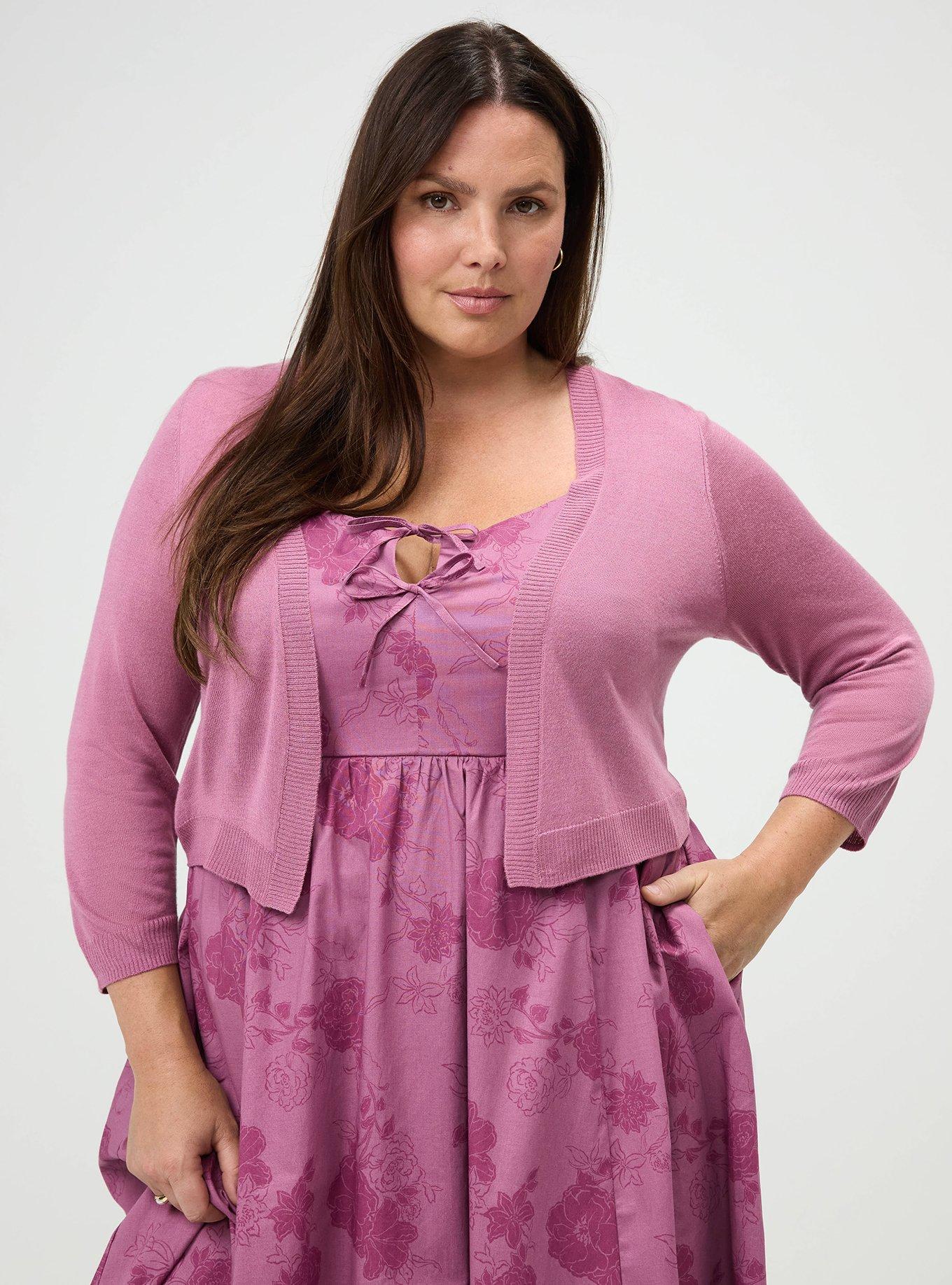 Plus Size 3/4 Sleeve Cropped Shrug, MELLOW MAUVE, hi-res