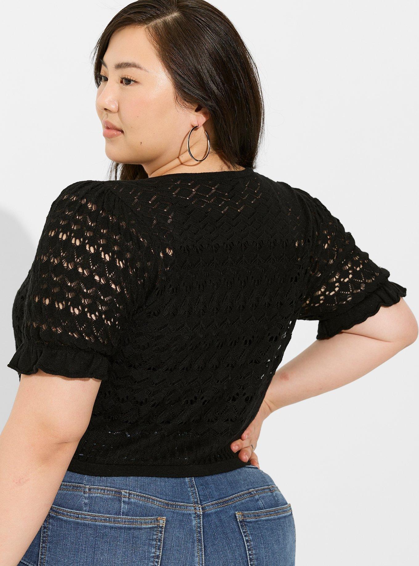 Pointelle Short Sleeve Tie Front Shrug