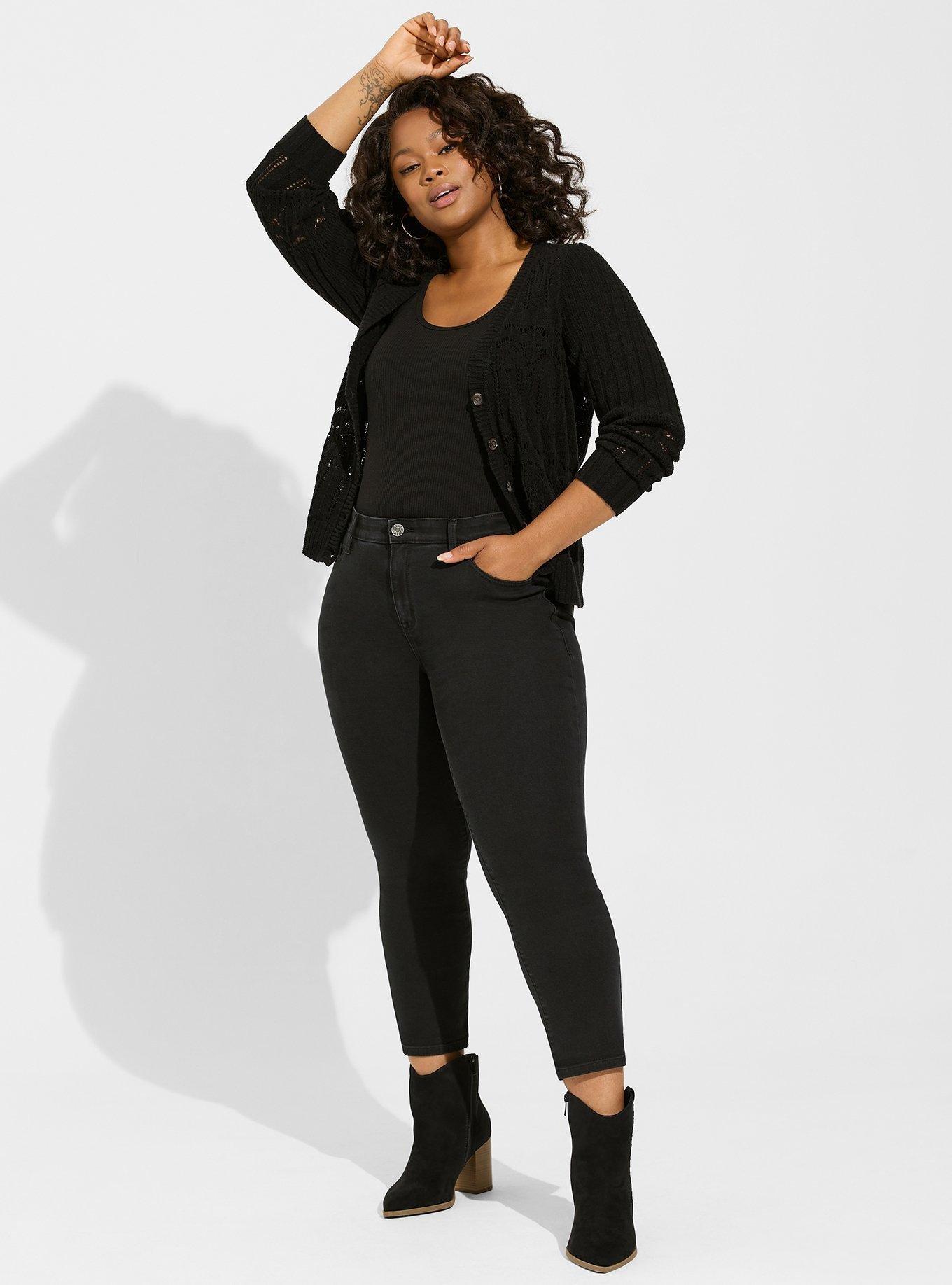 Pointelle Cardigan V-Neck Sweater, DEEP BLACK, alternate