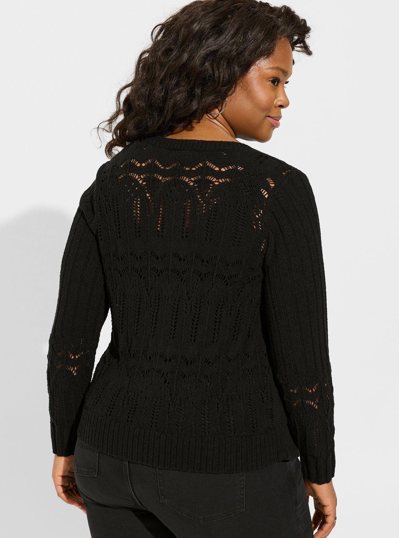 Pointelle Cardigan V-Neck Sweater, DEEP BLACK, alternate