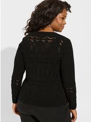 Plus Size Pointelle Cardigan V-Neck Sweater, DEEP BLACK, alternate