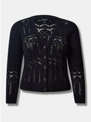Plus Size Pointelle Cardigan V-Neck Sweater, DEEP BLACK, hi-res