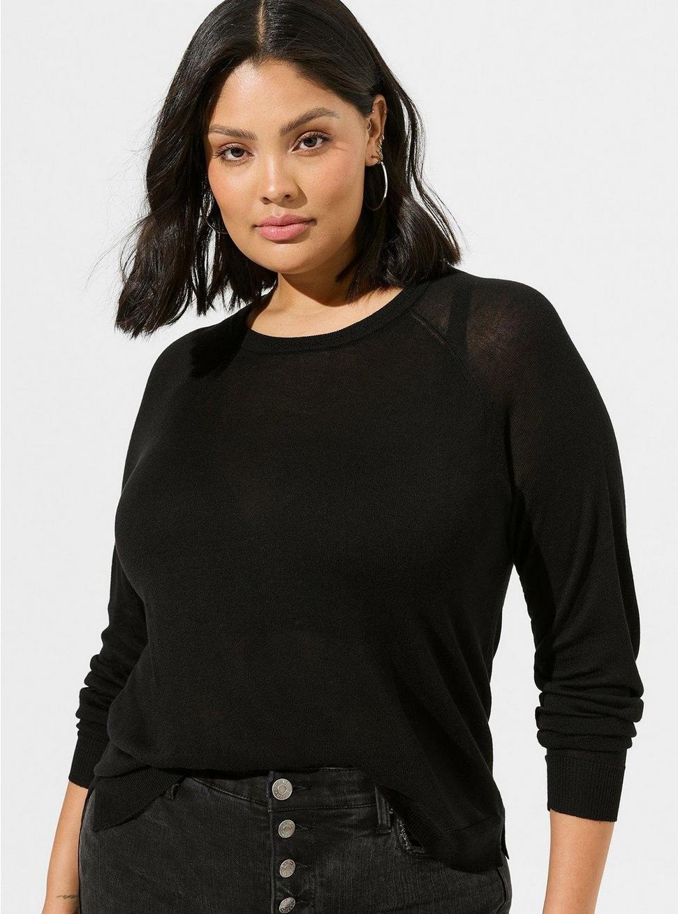 Tissue Weight Pullover Raglan Crop Sweater, DEEP BLACK, hi-res