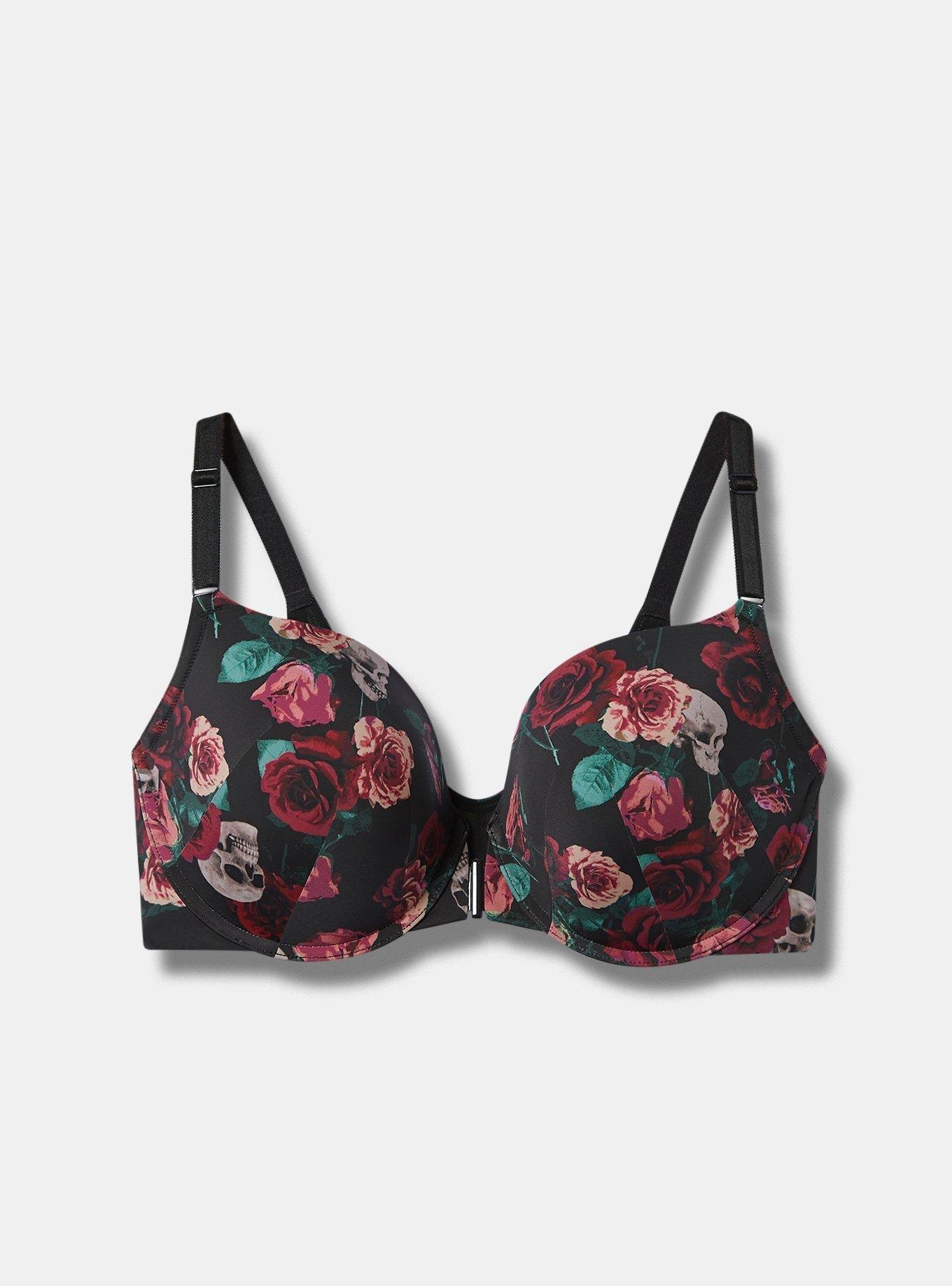 Front-Closure Lightly Lined T-Shirt Bra - Skull Roses Pink with Racerback,  SKULL ROSES