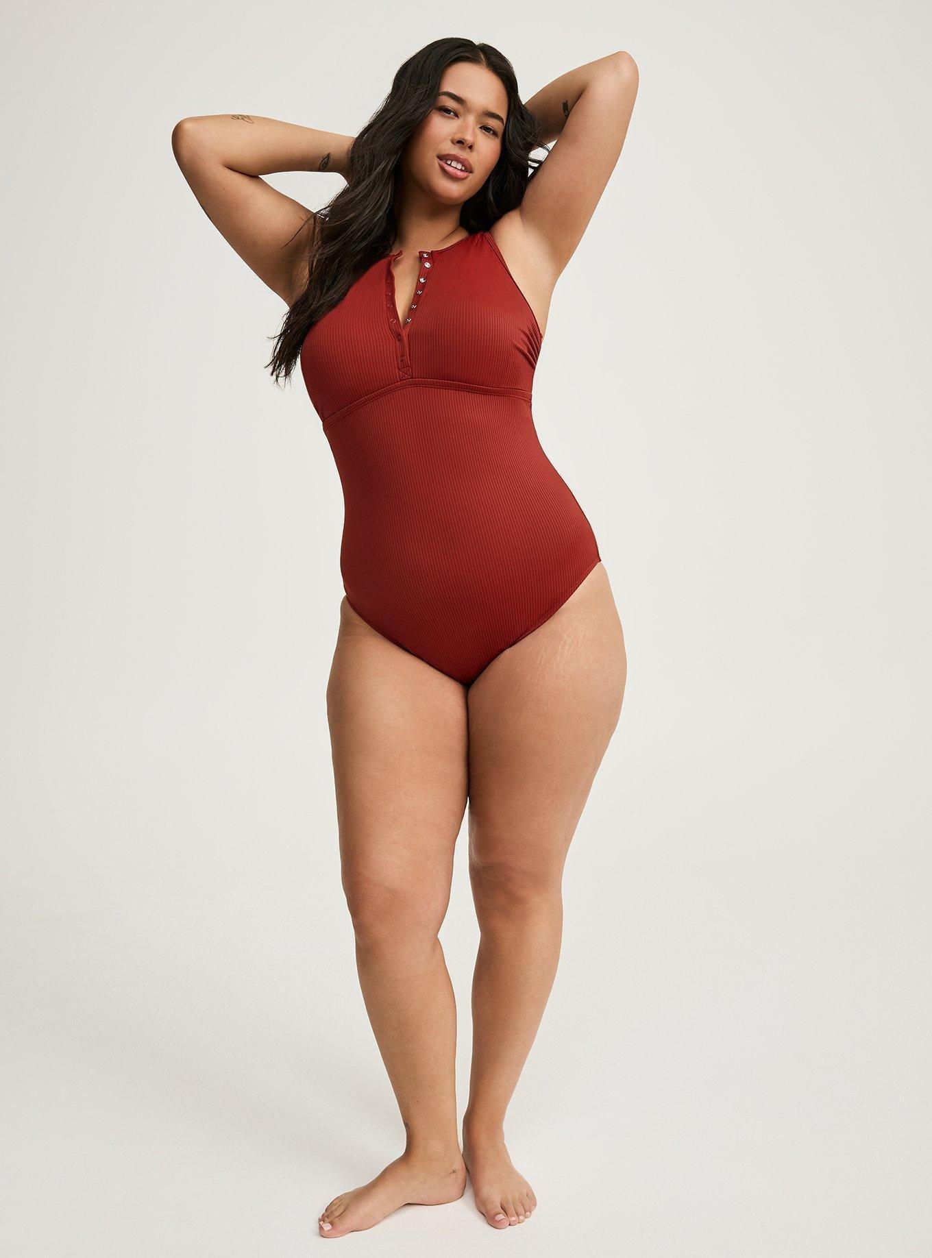 Wireless Henley High Neck One Piece Swimsuit