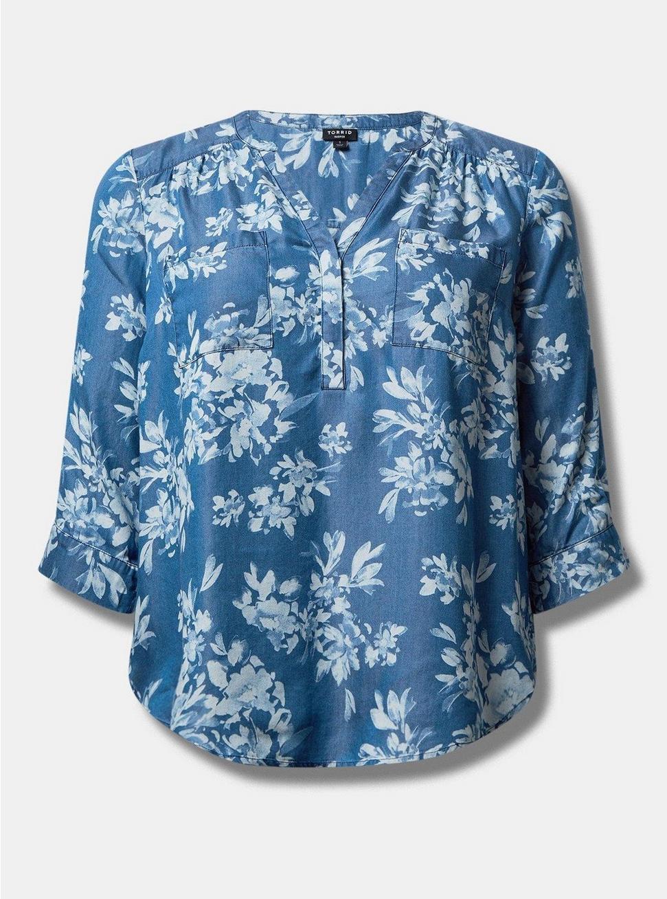 Harper Chambray Pullover 3/4 Sleeve Top, WATERFALL FLORAL, hi-res