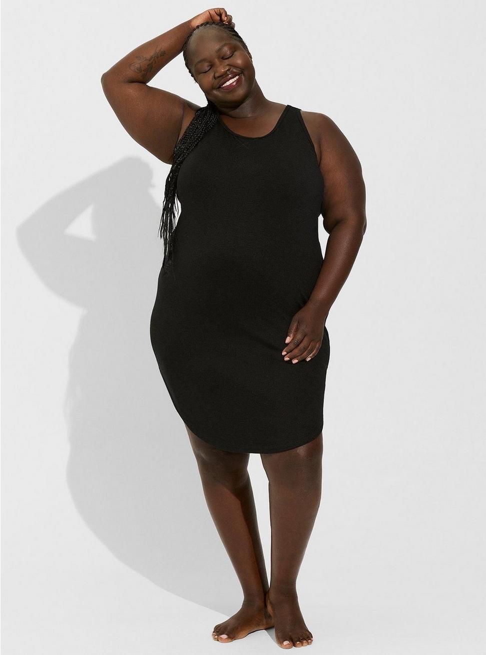 Plus Size Light Weight Hacci Shirttail Lounge Gown, DOUBLE DYE DEEP BLACK, hi-res