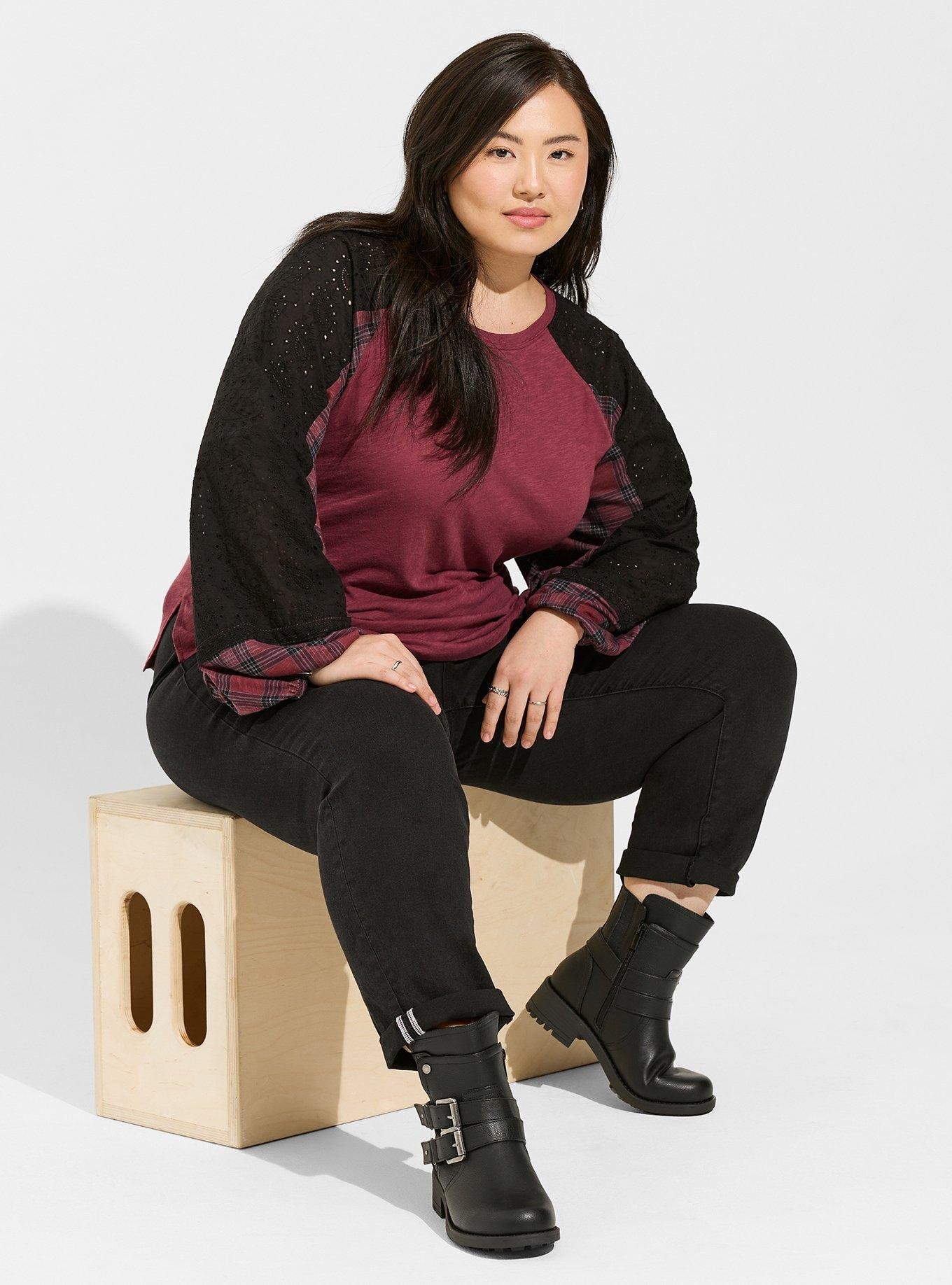 Plus Size - Cotton Modal Slub Crew Neck Raglan Eyelet Inset Print Mix ...