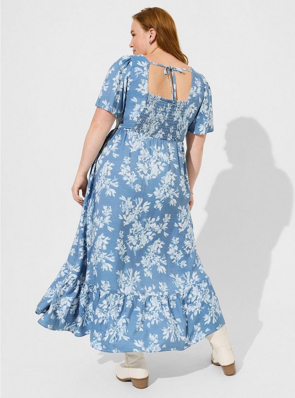 Plus Size Maxi Chambray Hi-Low V-Neck Dress, WATER FLORAL, alternate