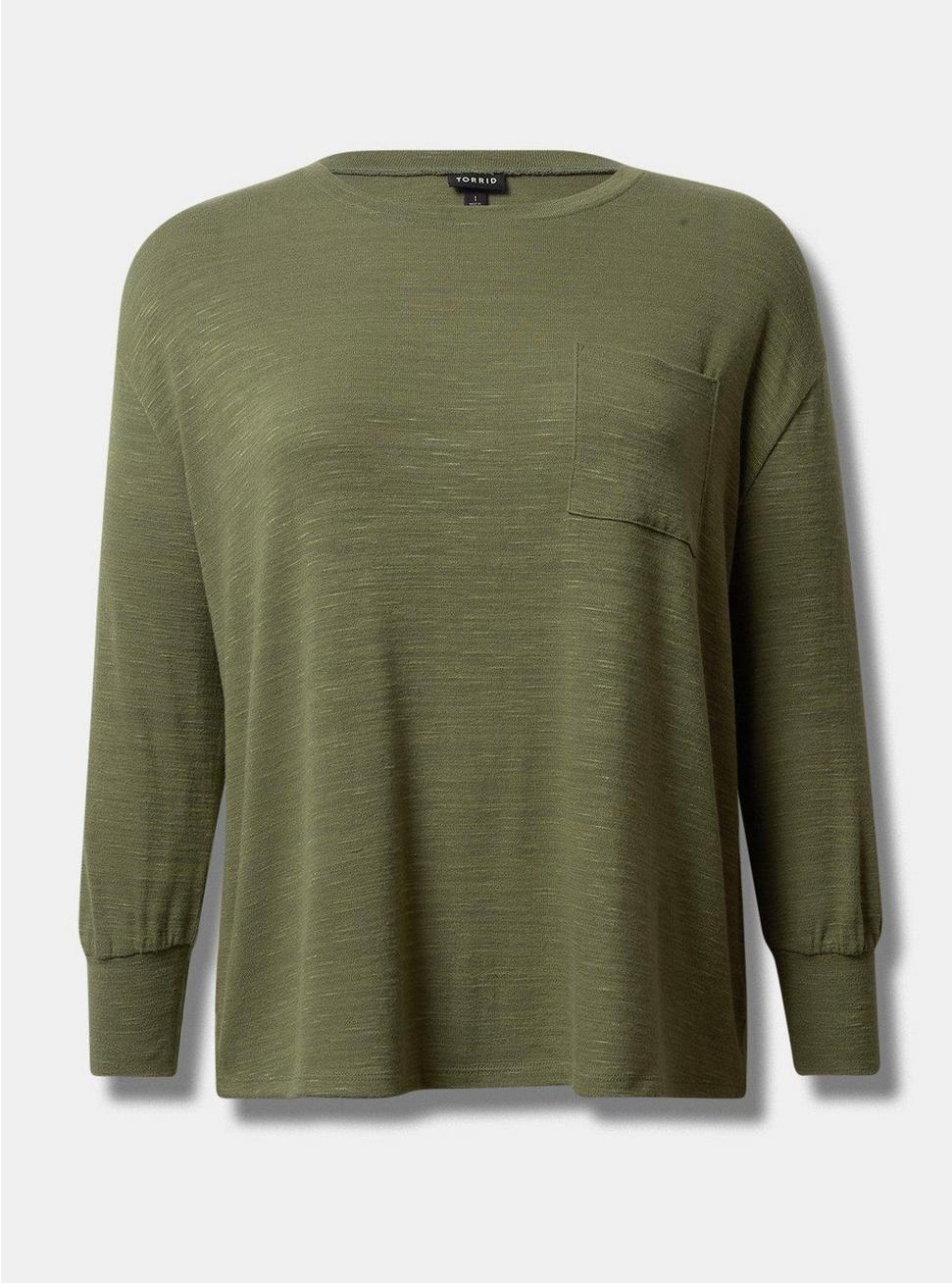 Plus Size Unbrushed Hacci Drop Shoulder Pocket Sweatshirt, OLIVINE, hi-res