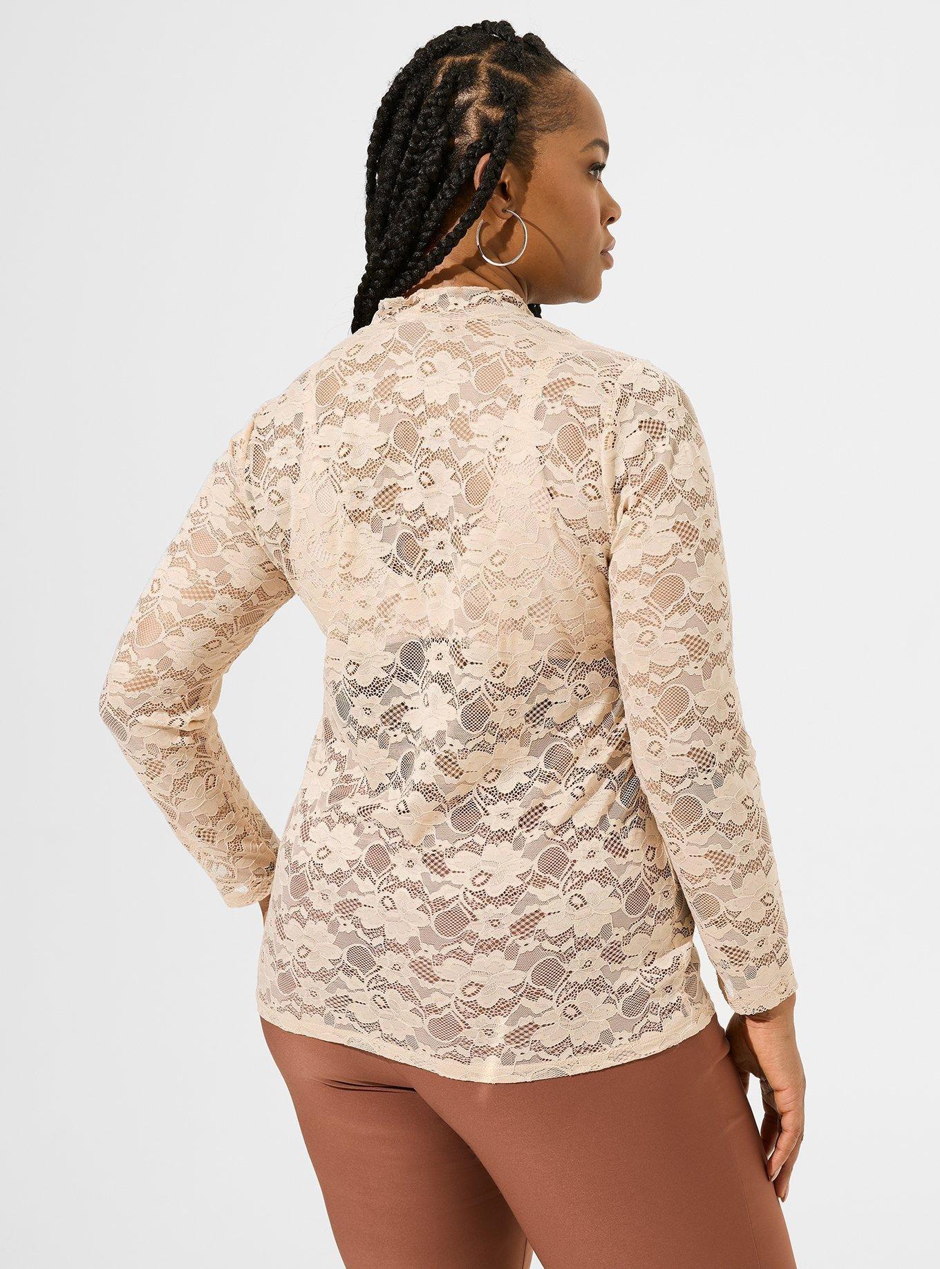 Plus Sheer Lace Plunge Long Sleeve Bodysuit