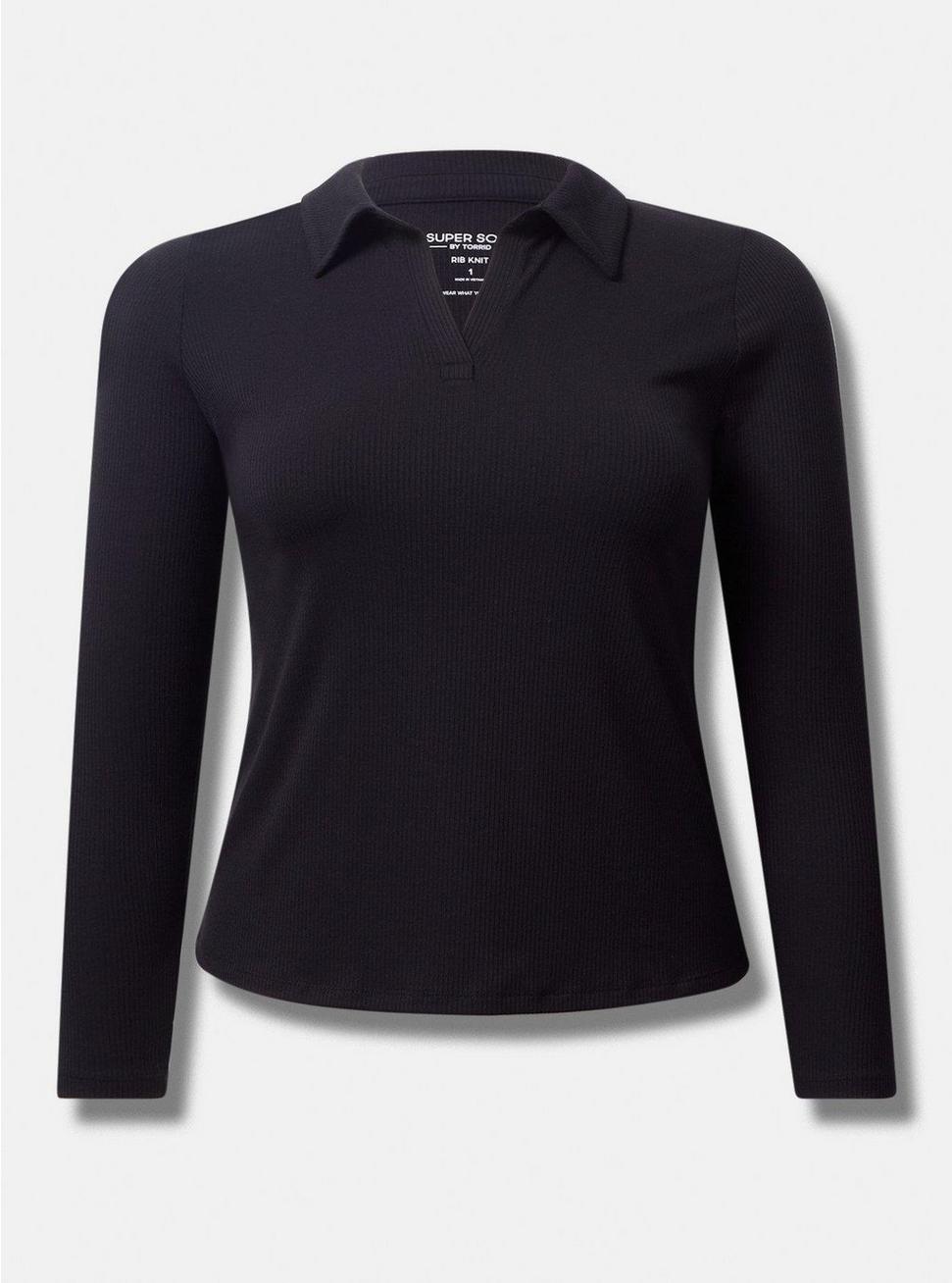 Fitted Super Soft Rib Collared V-Neck Long Sleeve Tee, DEEP BLACK, hi-res