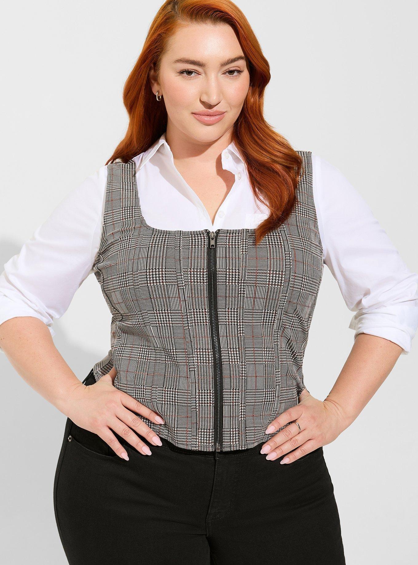 Plus Size - Double Knit Jacquard Square Neck Zip Front Corset Top