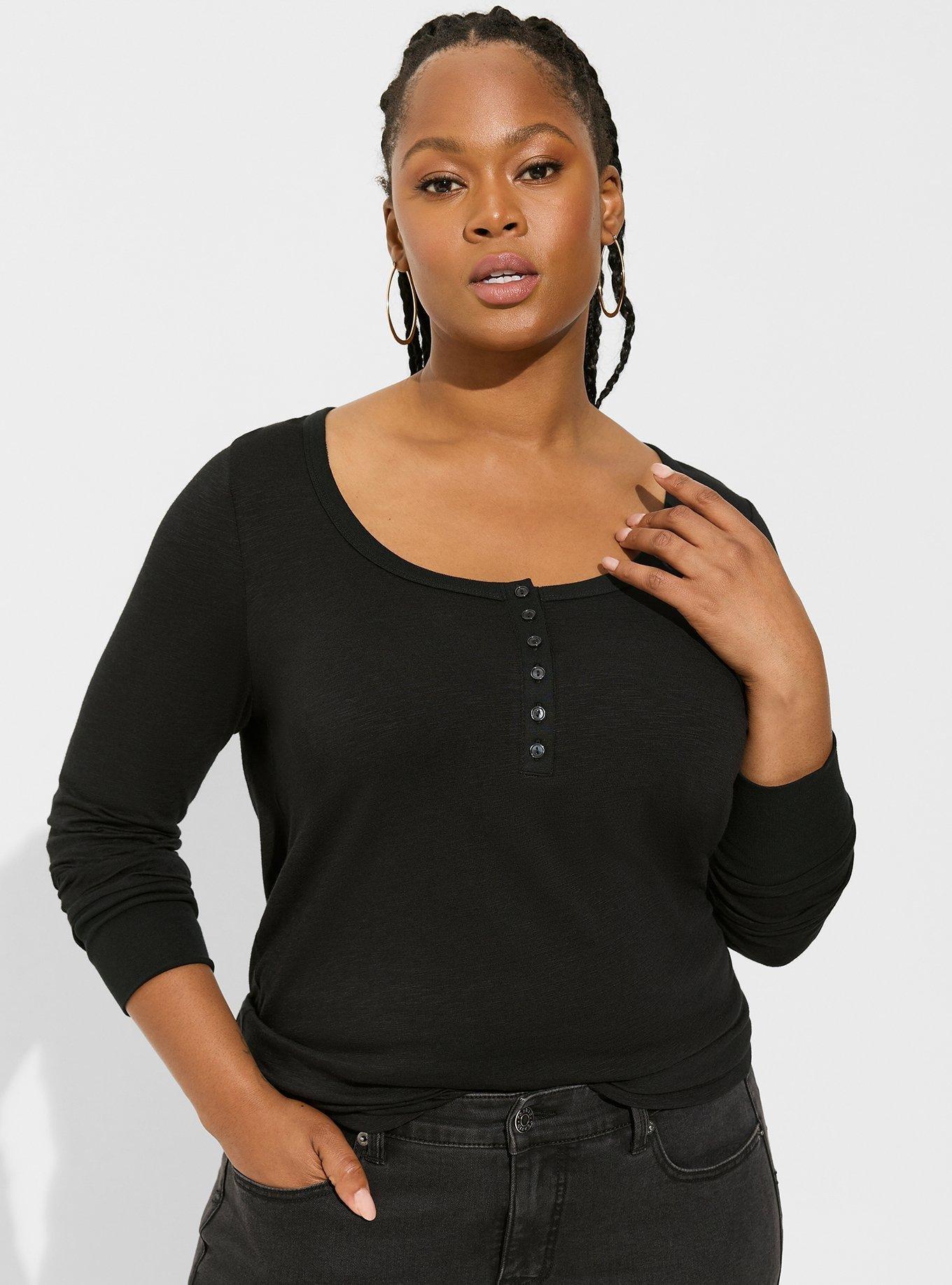 Super Soft Slub Scoop Neck Long Sleeve Henley, DEEP BLACK, alternate