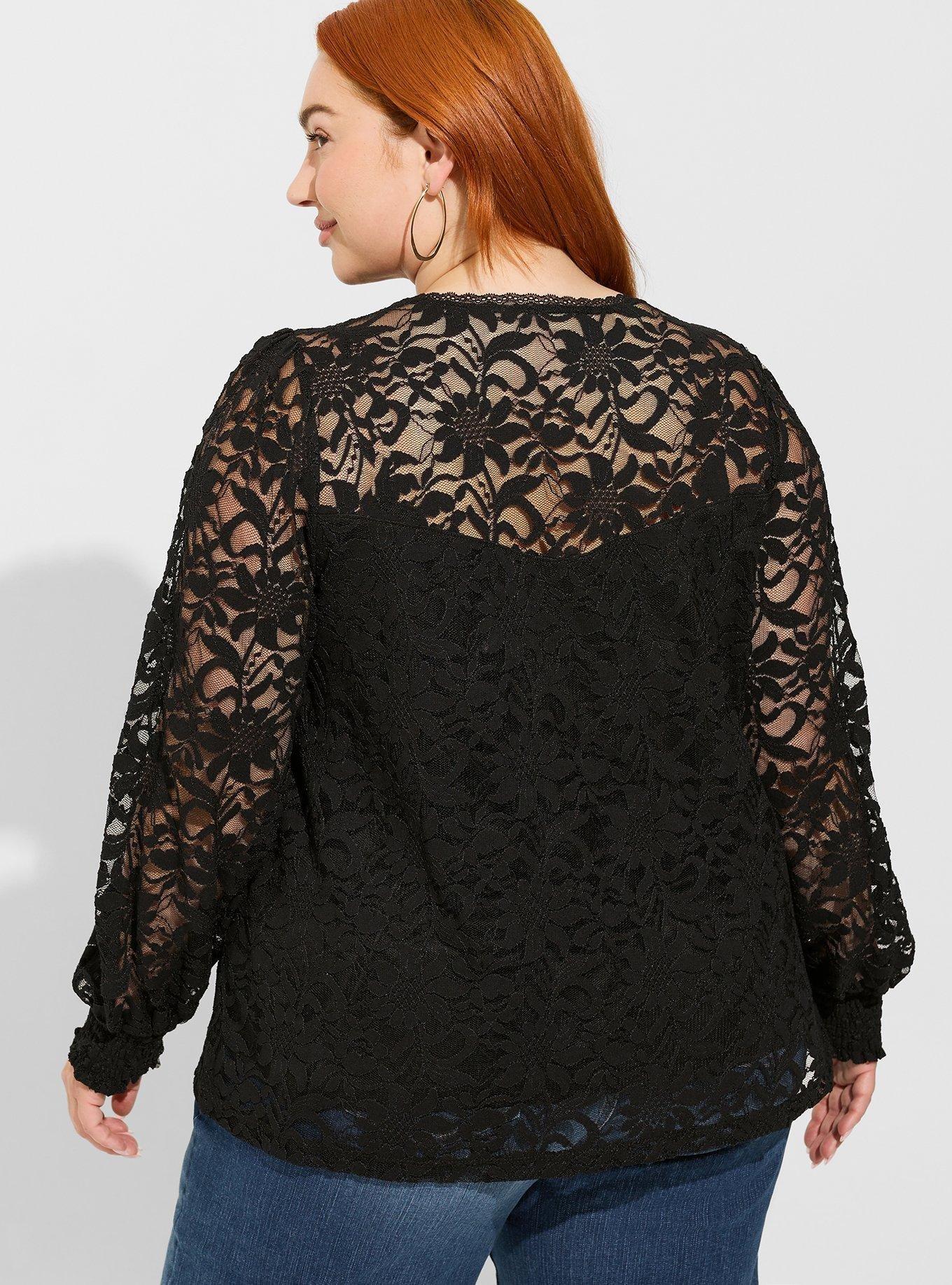 Stretch Lace And Mesh Crew Neck Long Sleeve Top