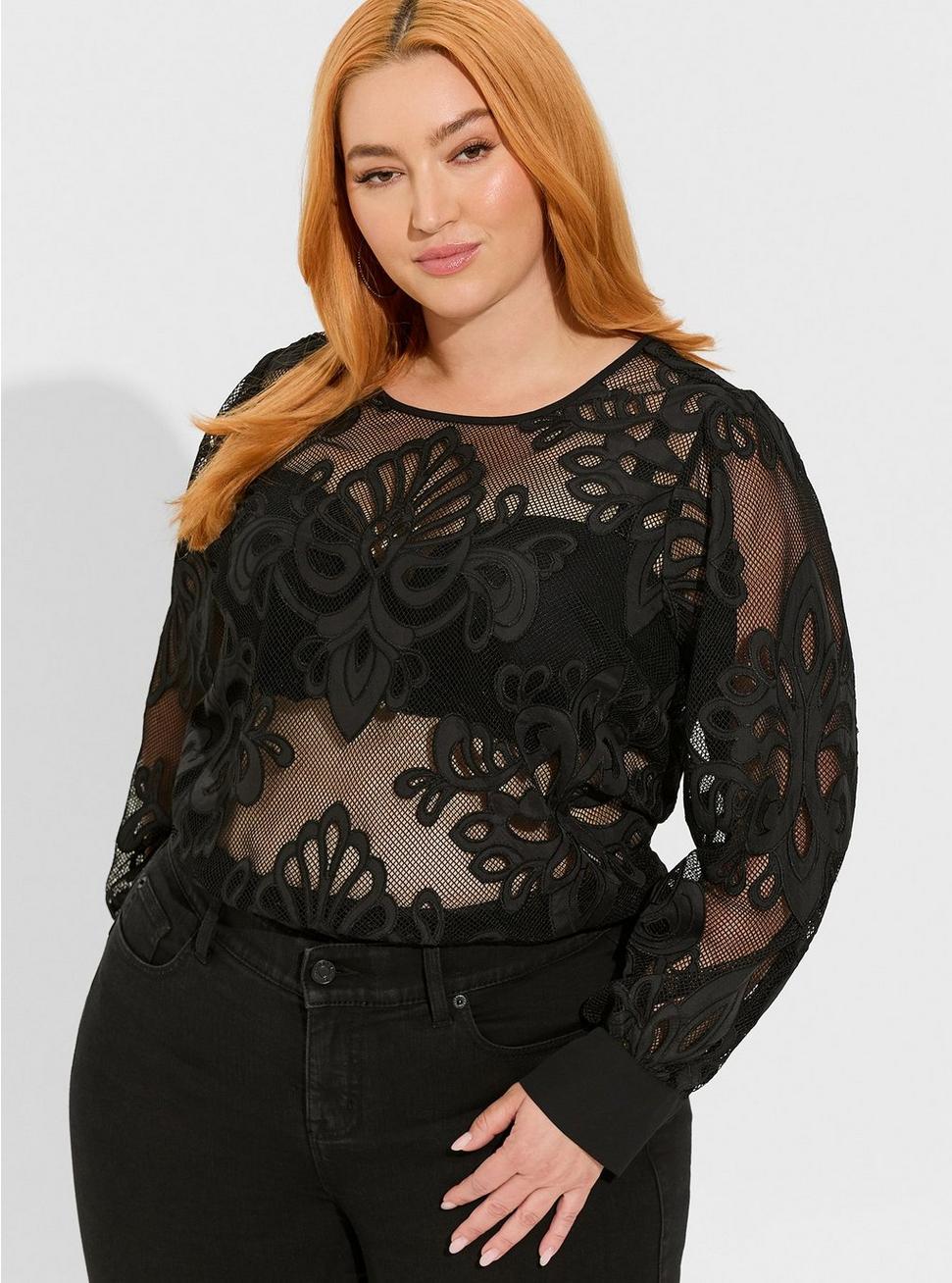Mesh With Embroidery Long Sleeve Blouse, DEEP BLACK, alternate