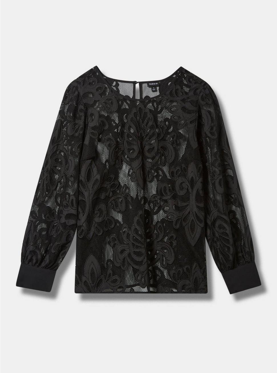 Mesh With Embroidery Long Sleeve Blouse, DEEP BLACK, hi-res
