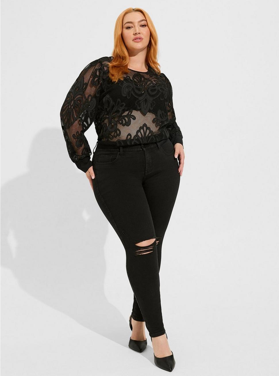 Mesh With Embroidery Long Sleeve Blouse, DEEP BLACK, hi-res