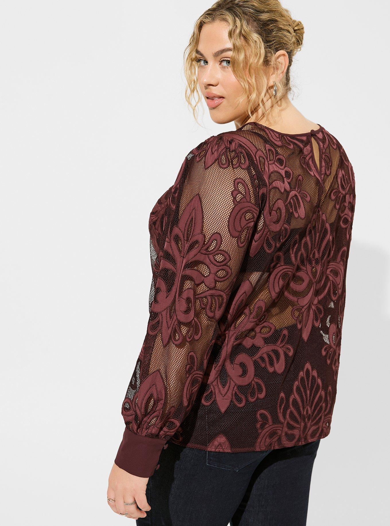 Mesh With Embroidery Long Sleeve Blouse