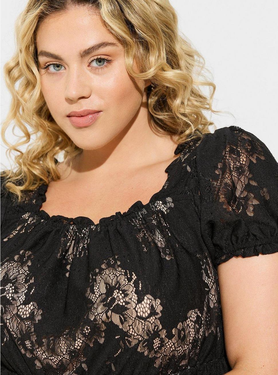 Plus Size Babydoll Lace Tiered Short Sleeve Top, DEEP BLACK, alternate