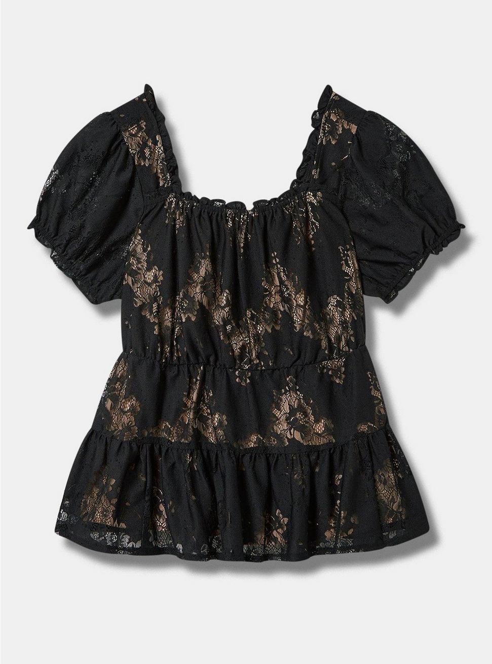Plus Size Babydoll Lace Tiered Short Sleeve Top, DEEP BLACK, hi-res