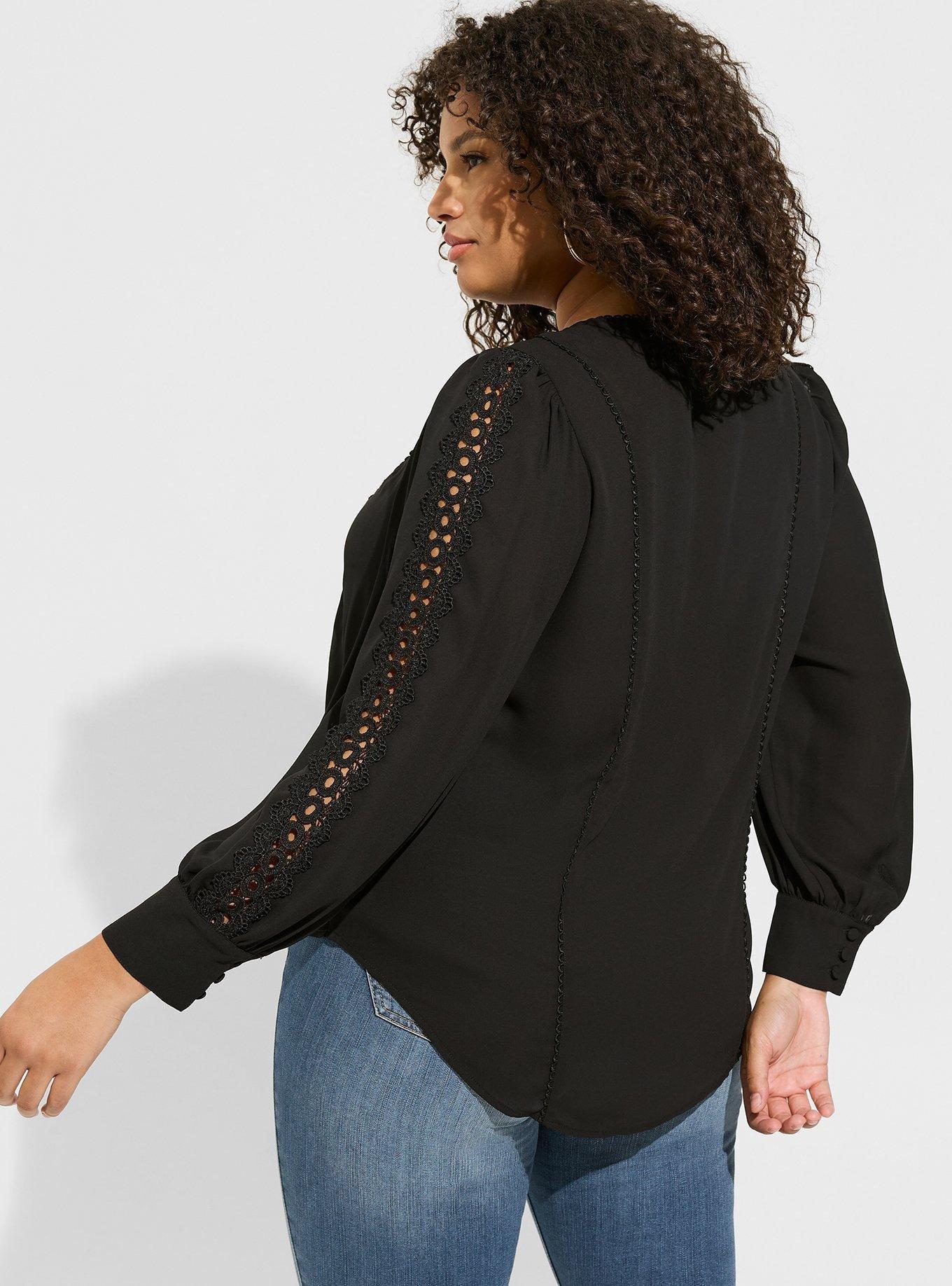 Georgette Lace Trim Button Up Blouse, DEEP BLACK, alternate