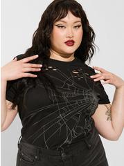 Web Relaxed Fit Cotton Crew Neck Destructed Roll Sleeve Tee, DEEP BLACK, hi-res