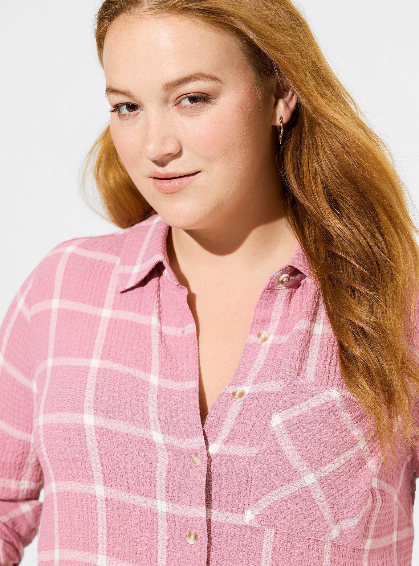 Lizzie Crinkle Flannel Gauze Button-Up Shirt, PLAID - PINK, alternate