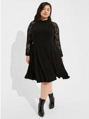 Plus Size Mini Super Soft Lace Sleeve Skater Dress, DEEP BLACK, hi-res