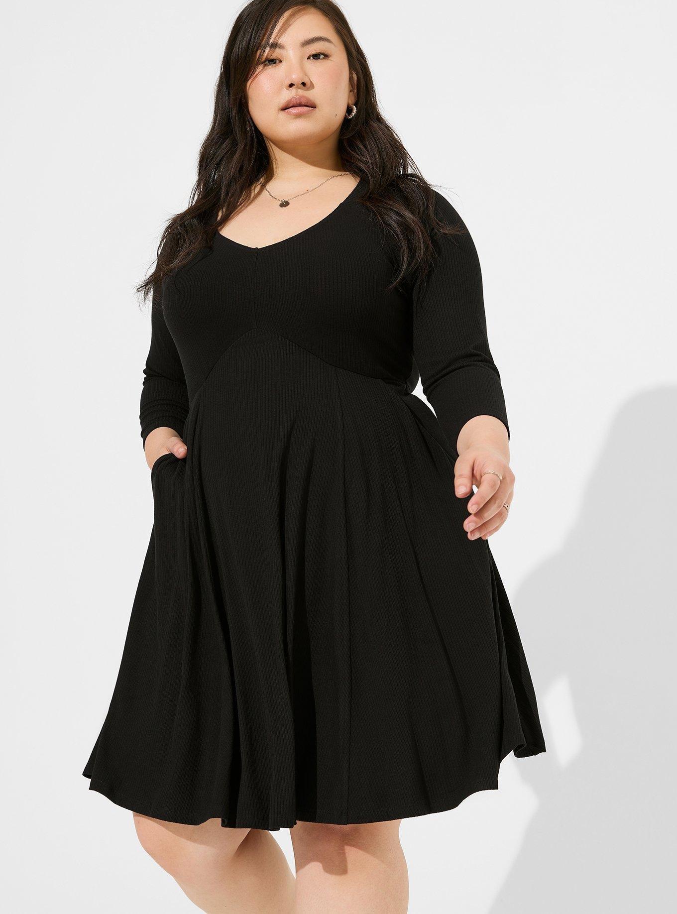 Plus Size Mini Foxy Rib Fit And Flare Dress, DEEP BLACK, alternate