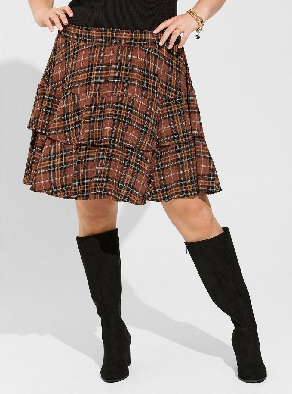 Plus Size Mini Crinkle Flannel Gauze Tiered Skirt, NEXT TARTAN PLAID, alternate