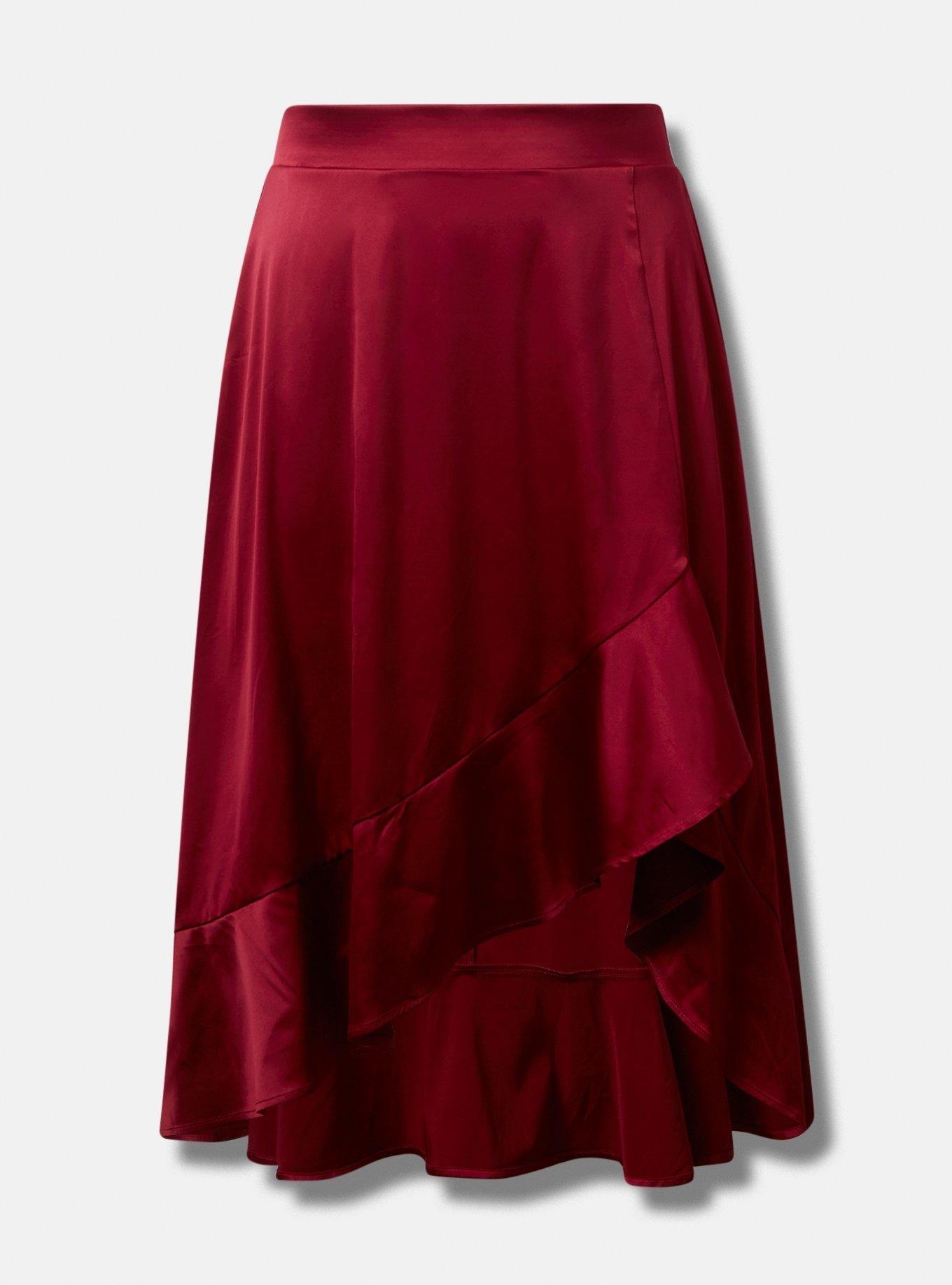 Midi Stretch Satin Hi-Low Ruffle Skirt