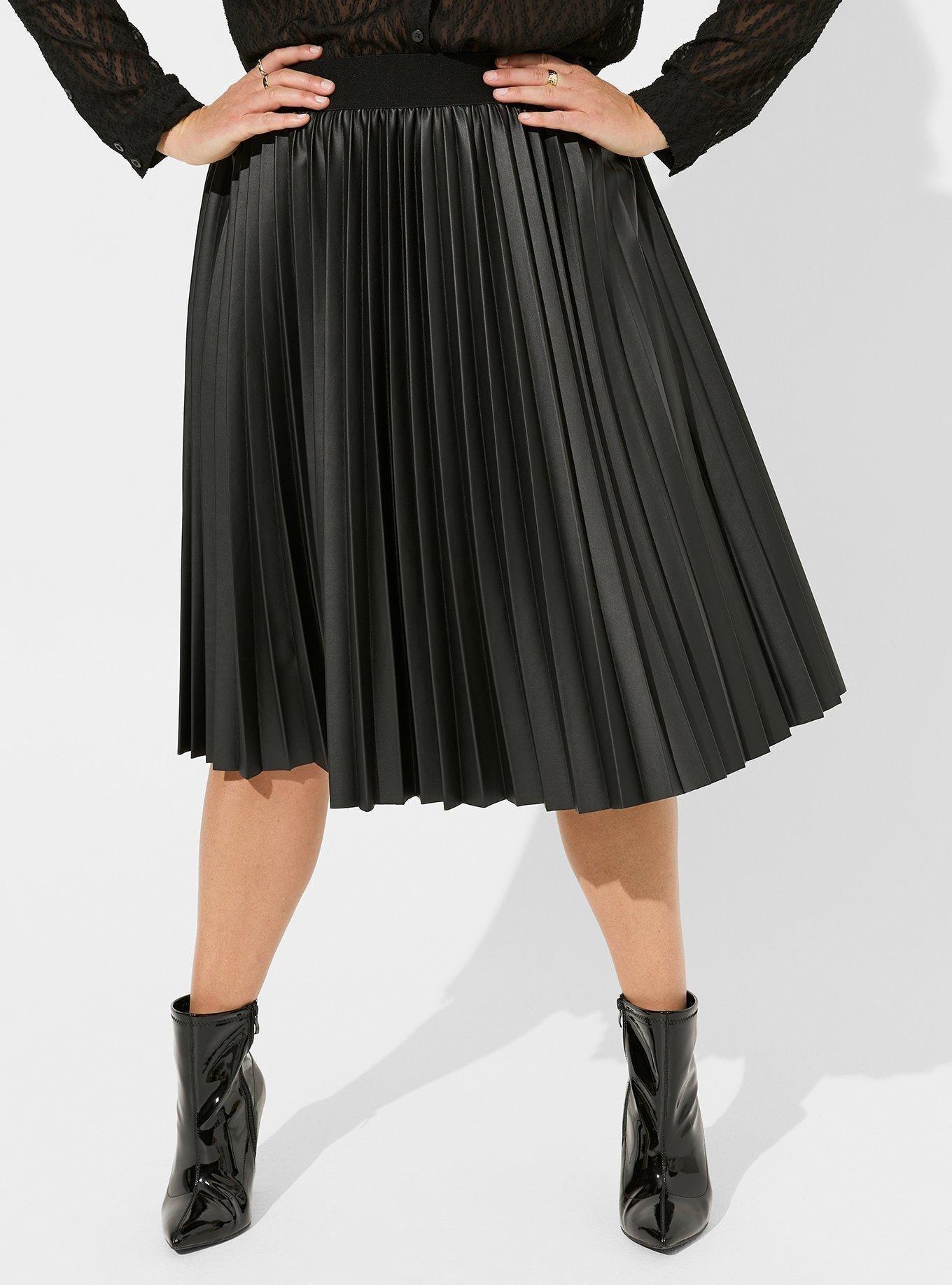 Black faux leather 2024 pu pleated midi skirt