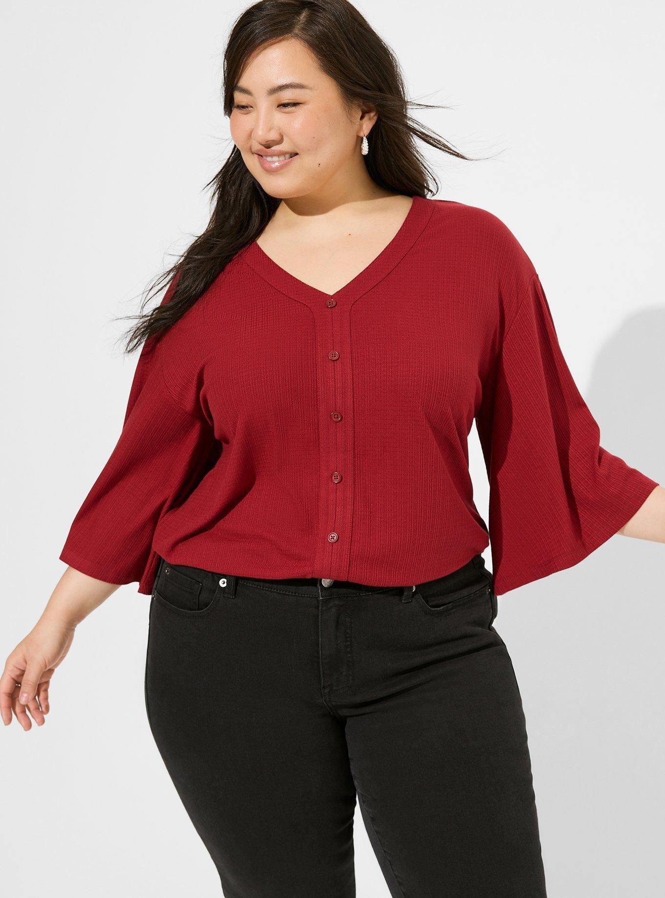 Textured Jersey V-Neck Button Down Dolman Crop Top