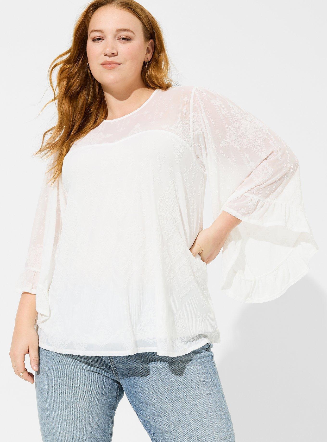 Plus Size - Flocked Mesh Crew Neck Bell Sleeve Swing Top - Torrid