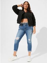 Plus Size Double Gauze Quilted Relaxed Fit Bomber, DEEP BLACK, alternate
