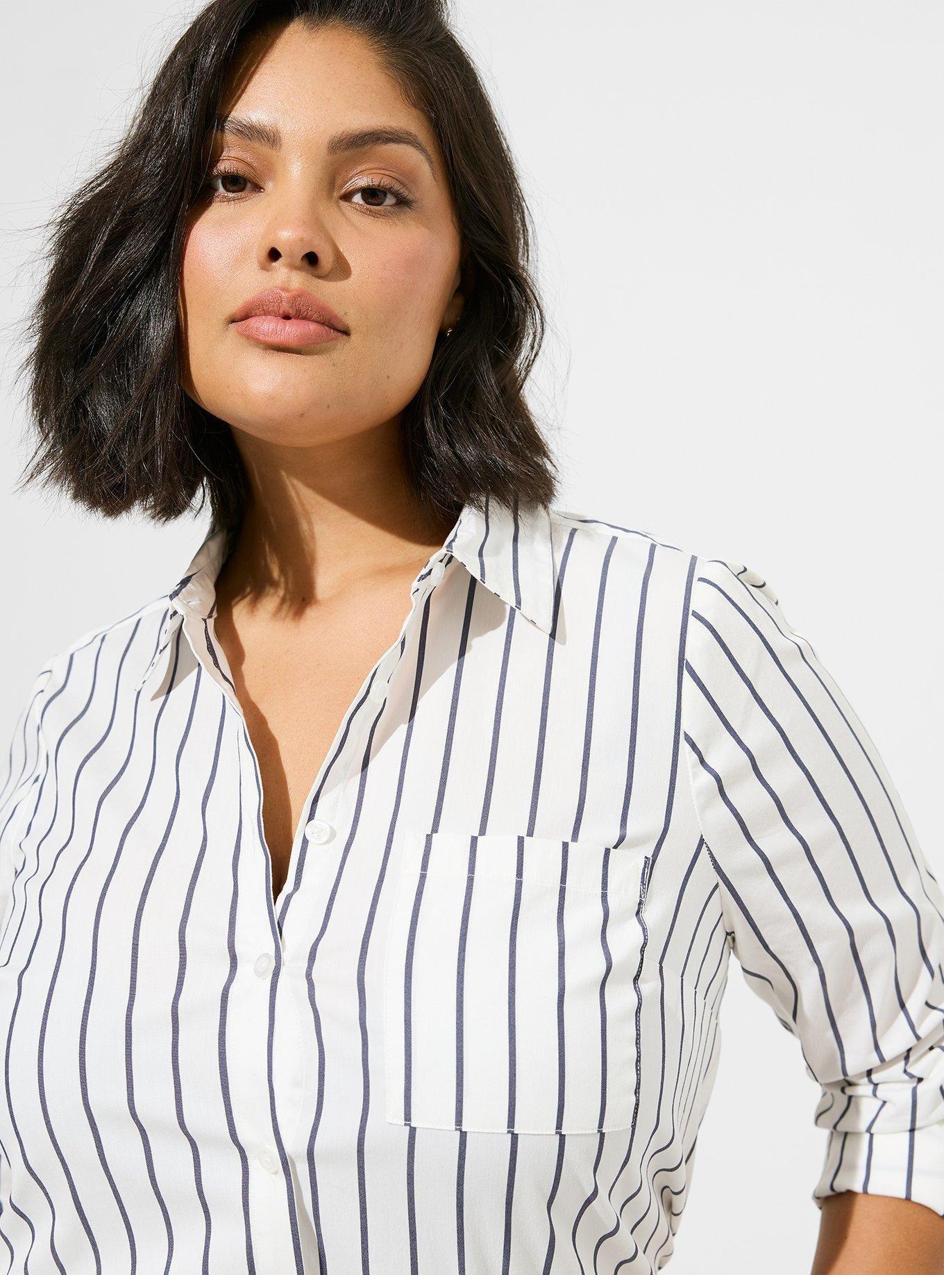Plus Size Madison Poplin Button-Up Long Sleeve Shirt, PEACOAT STRIPE, alternate