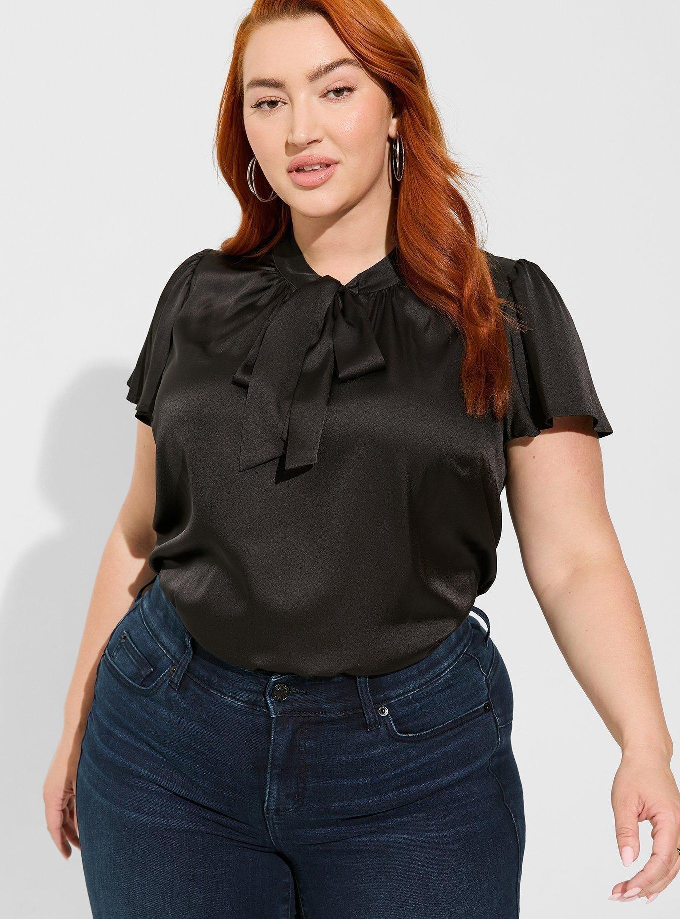 Plus Size - Satin Tie Front Neck Flutter Sleeve Blouse - Torrid