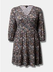 Plus Size Mini Studio Knit Surplice Tiered Dress, FLORAL PRINT, hi-res