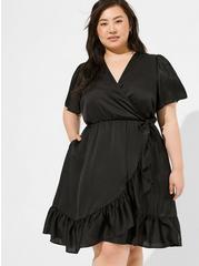 Plus Size Mini Bubble Charmeuse Faux Wrap Dress, DEEP BLACK, alternate