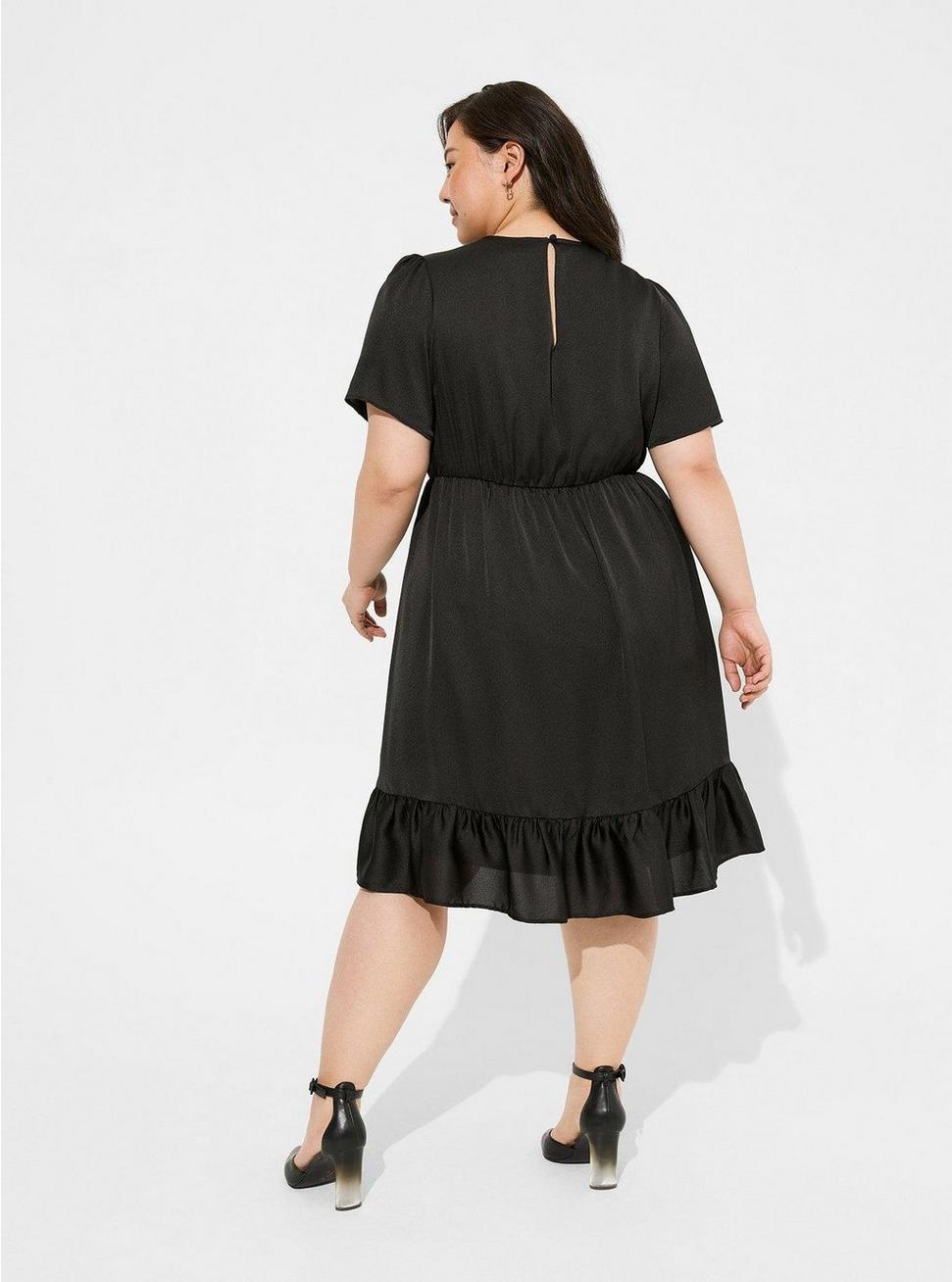 Plus Size Mini Bubble Charmeuse Faux Wrap Dress, DEEP BLACK, alternate