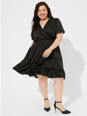 Plus Size Mini Bubble Charmeuse Faux Wrap Dress, DEEP BLACK, hi-res