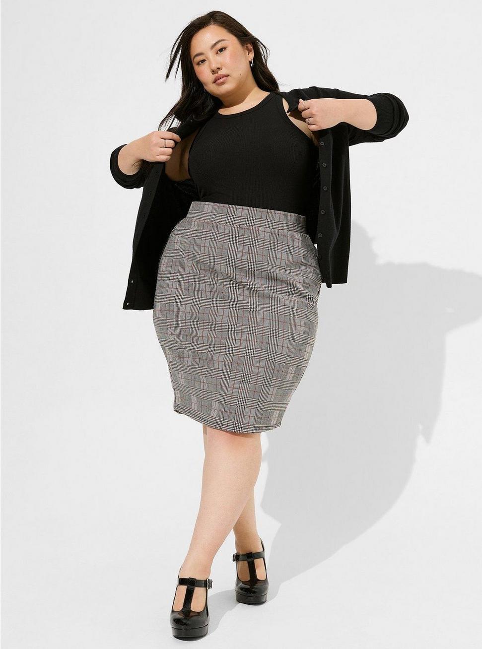 At The Knee Double Knit Pencil Skirt, MULTI PLAID, hi-res