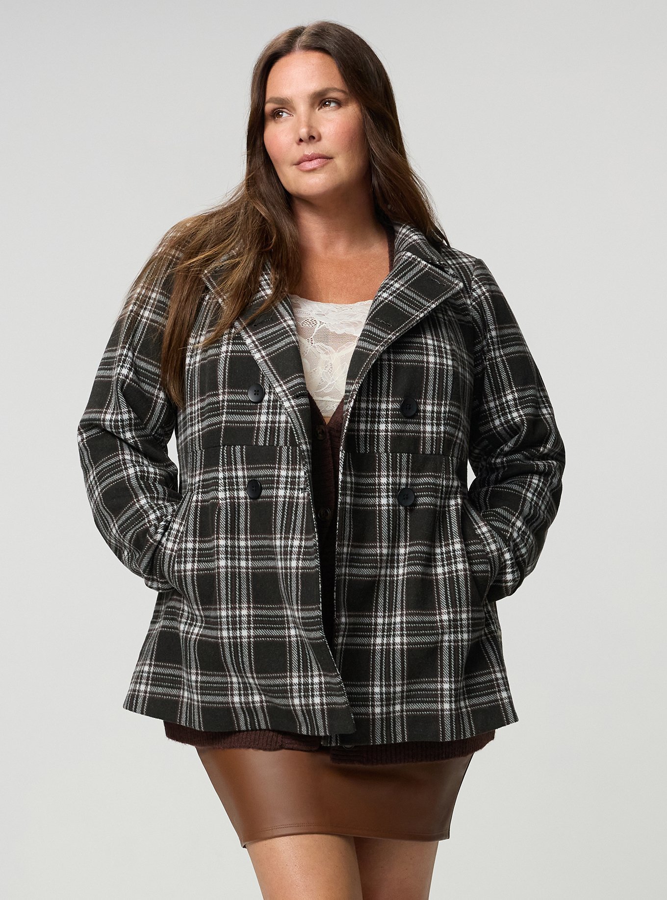 Cozy Double-Breasted Peacoat, SHALL WE PLAID SABLE, alternate