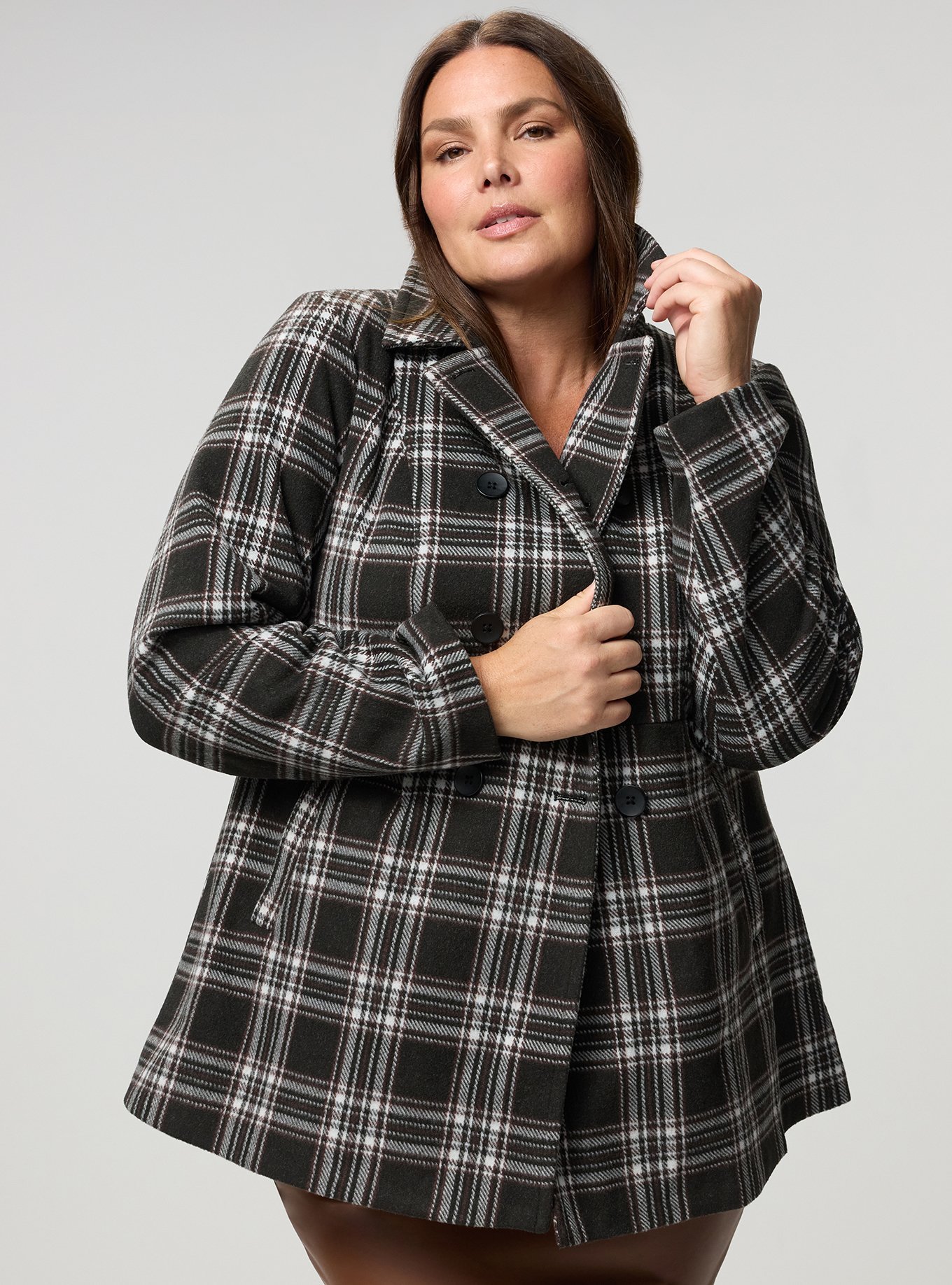 Cozy Double-Breasted Peacoat, SHALL WE PLAID SABLE, hi-res