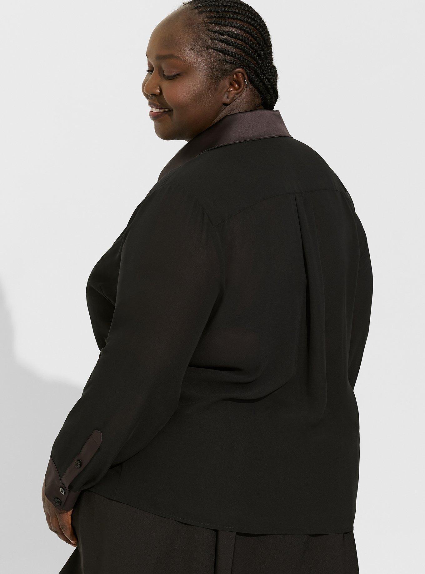 Chiffon Satin Collar Button Up Blouse, DEEP BLACK, alternate