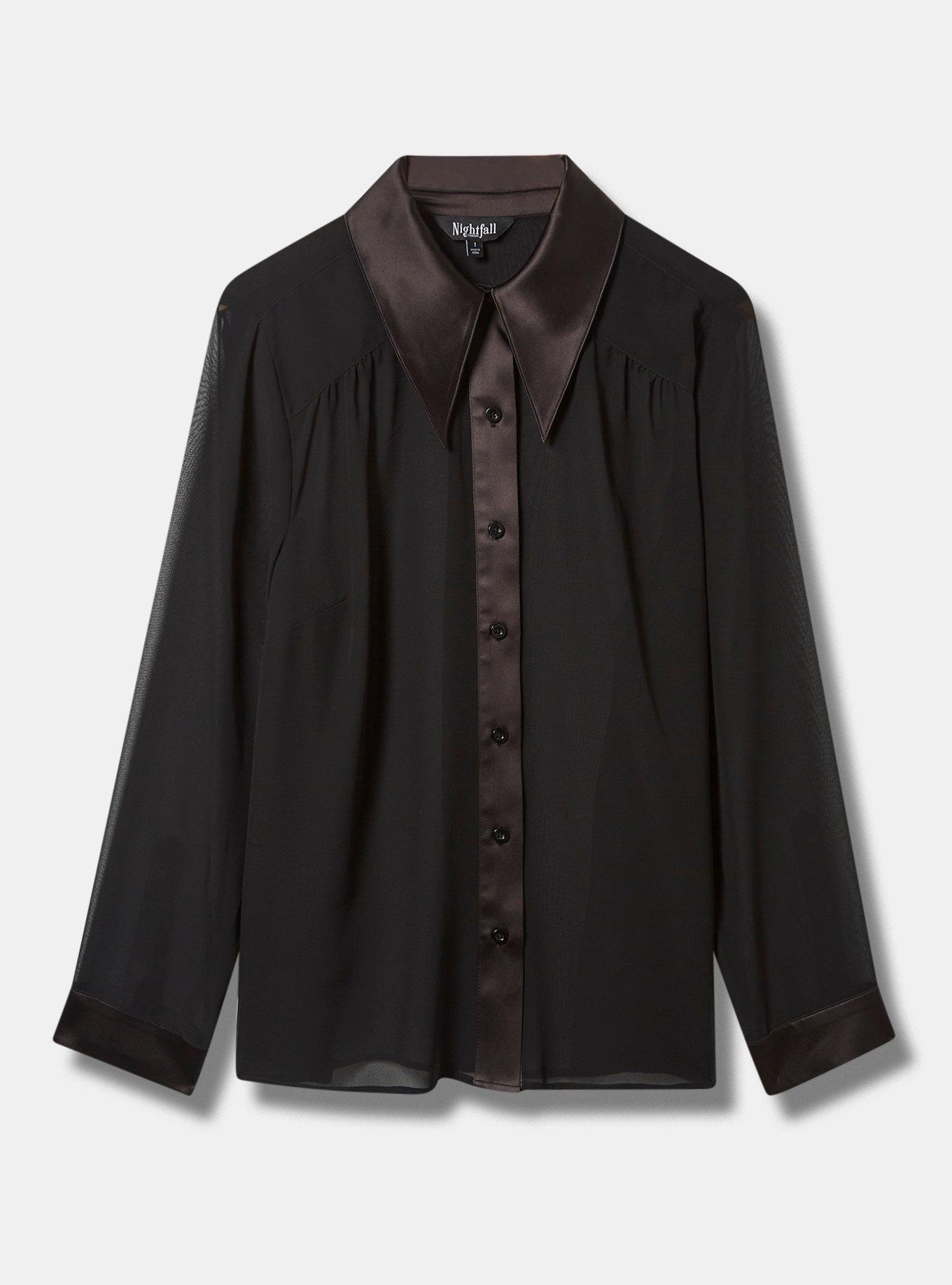 Chiffon Satin Collar Button Up Blouse, DEEP BLACK, hi-res